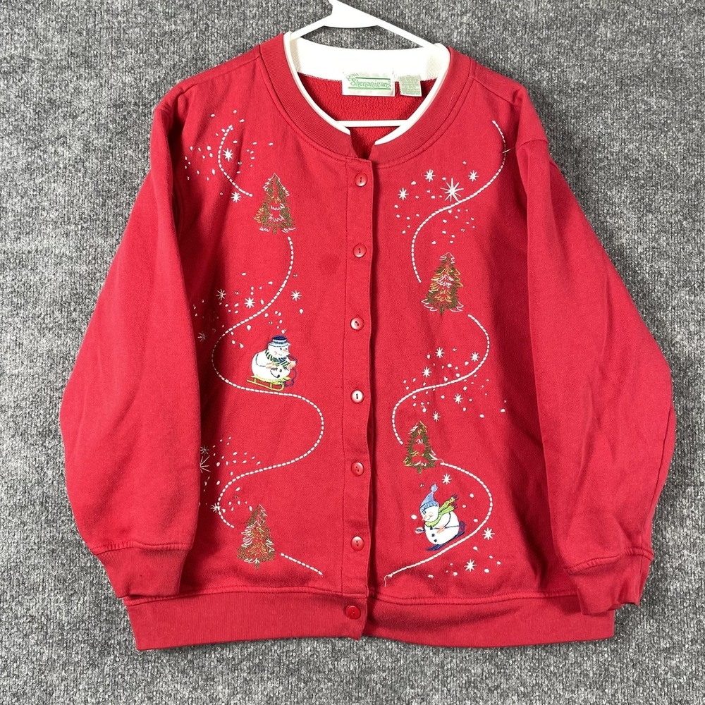 Shenanigans Cardigan‎ Sweater Womens 1X Red Christmas Snowman Trees Fleece